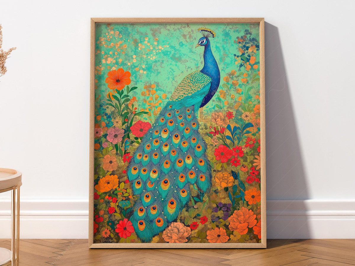 Colorful Peacock Garden Art Print – Vibrant Floral Wall Decor Poster
