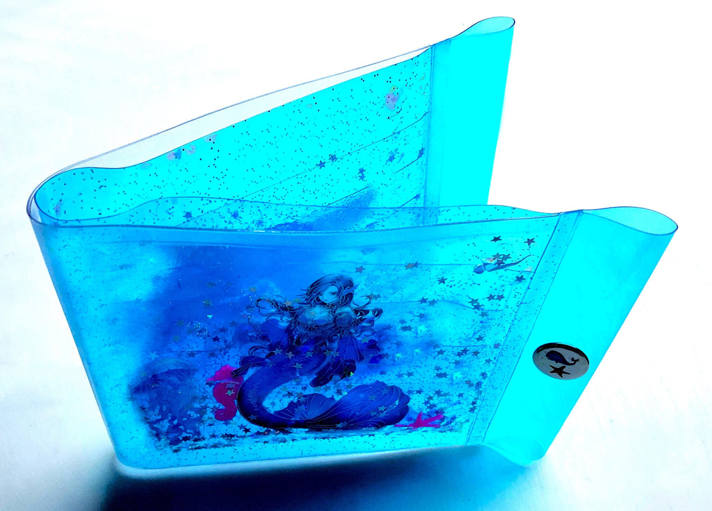 Liquid Glitter Mermaid Wallet. Oceanic Sensory Accessory. Holographic Siren Jellyfish + Pink Seahorses Float with Star Shimmer in Real Waves