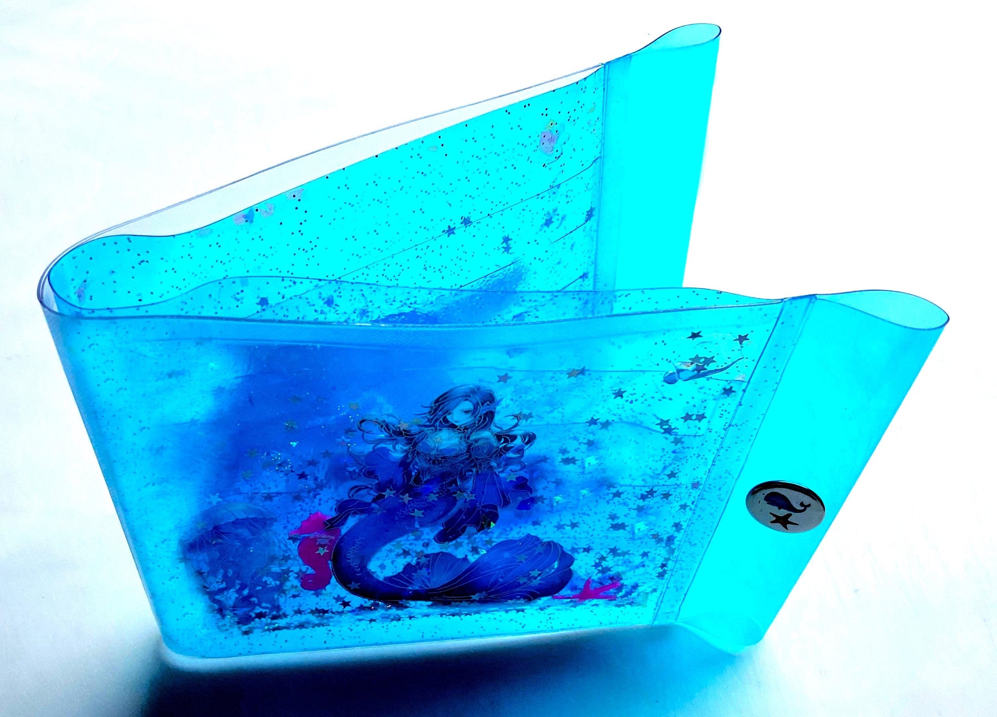 Liquid Glitter Mermaid Wallet. Oceanic Sensory Accessory. Holographic Siren Jellyfish + Pink Seahorses Float with Star Shimmer in Real Waves