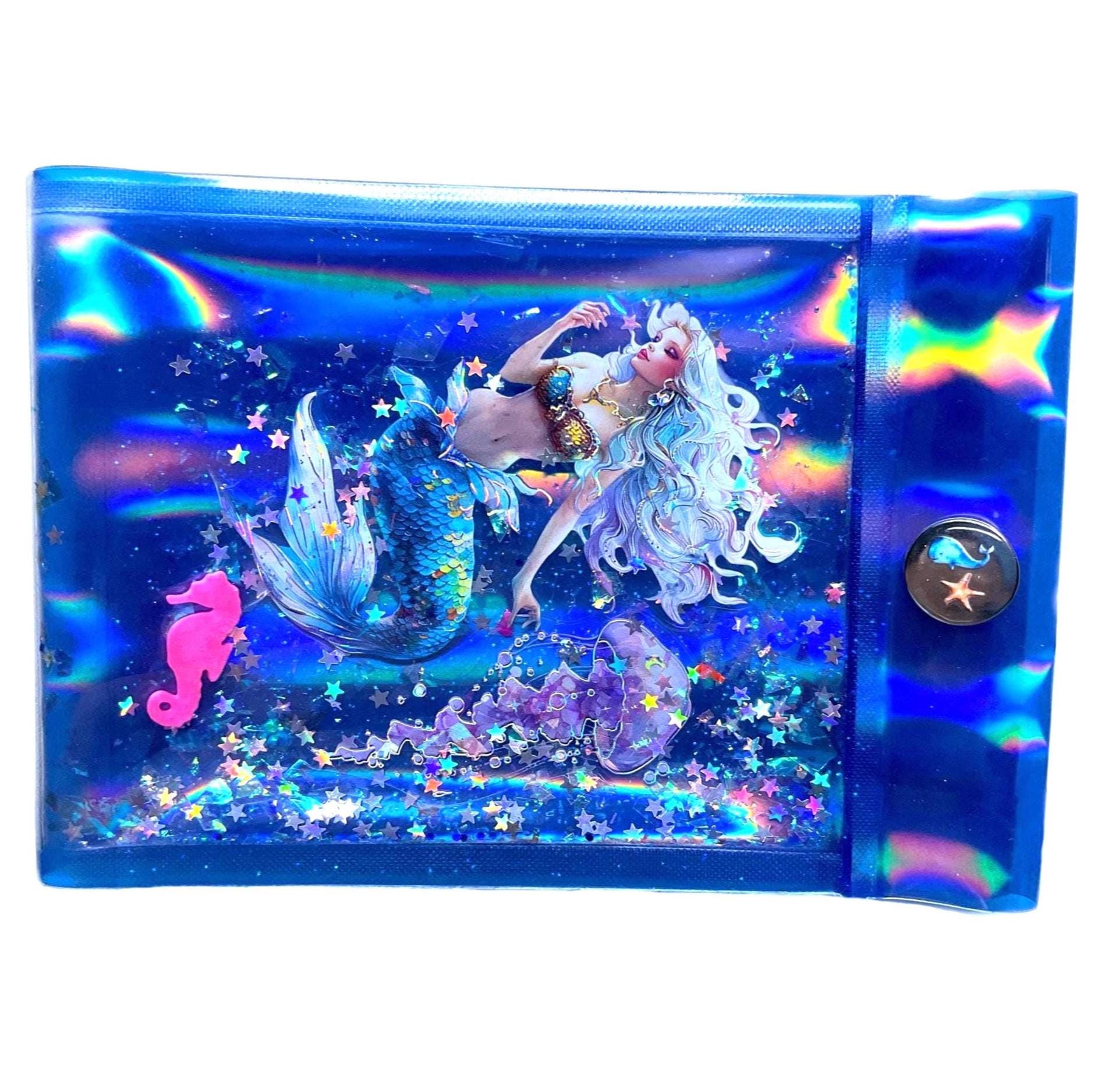 Liquid Glitter Jelly Mermaid Wallet. Ocean Accessory. Holographic Siren Jellyfish Pink Seahorse Float with Silver Star Shimmer in Sea Waves