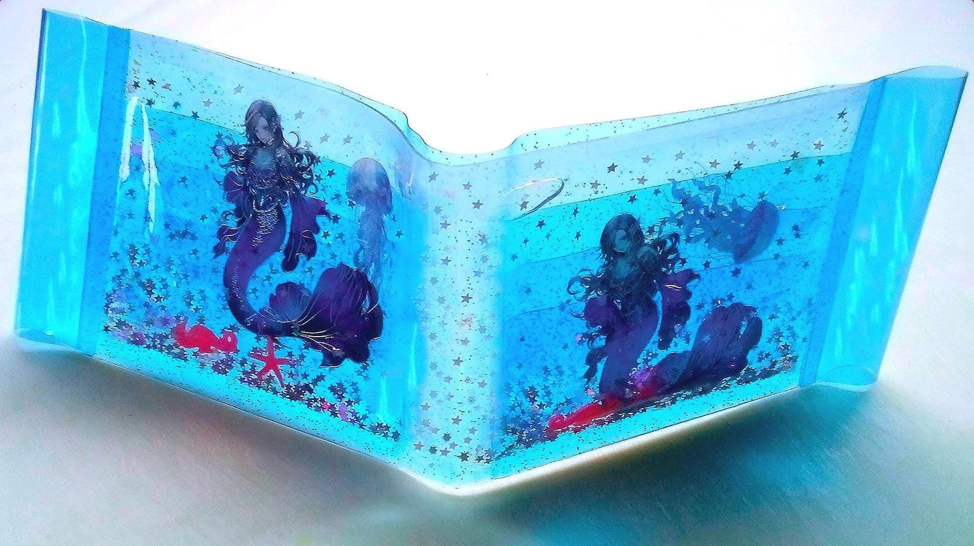 Liquid Glitter Mermaid Wallet. Oceanic Sensory Accessory. Holographic Siren Jellyfish + Pink Seahorses Float with Star Shimmer in Real Waves
