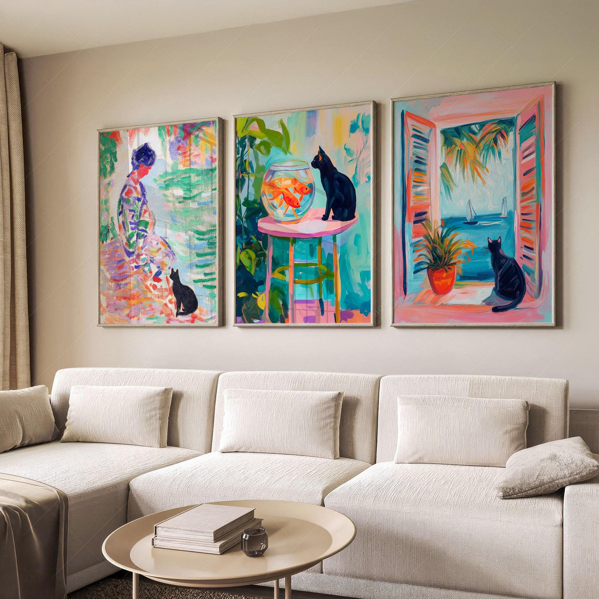 Matisse Inspired Black Cat Art Print Set of 3 – Colorful Wall Art Decor