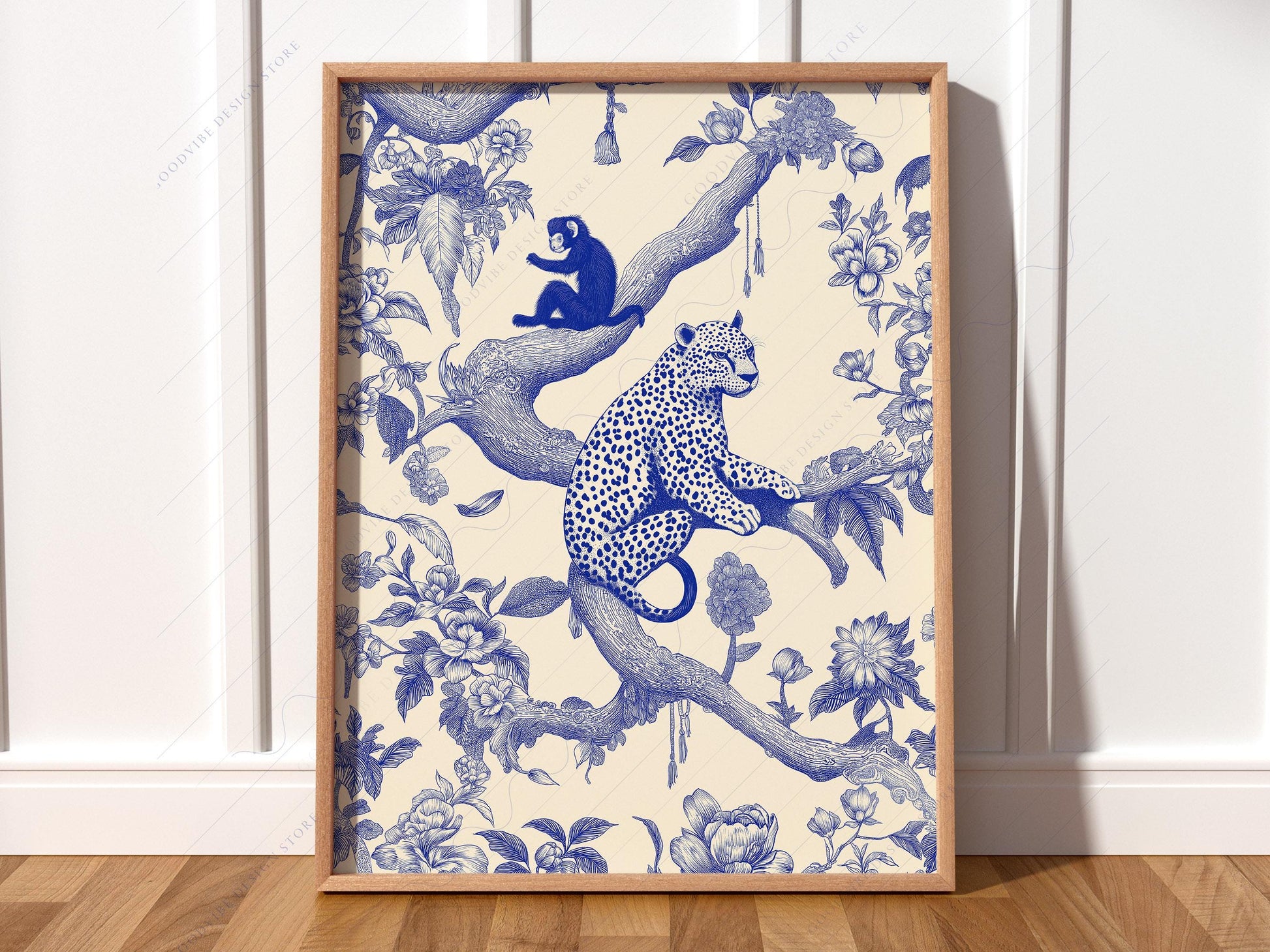 Chinoiserie Leopard & Monkey Art Print – Blue White Botanical Wall Decor