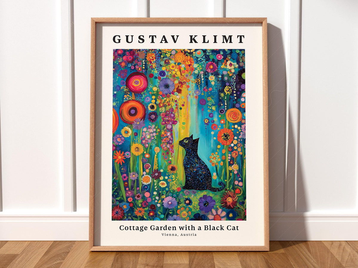 Gustav Klimt Cottage Garden with Black Cat Print – Colorful Wall Art