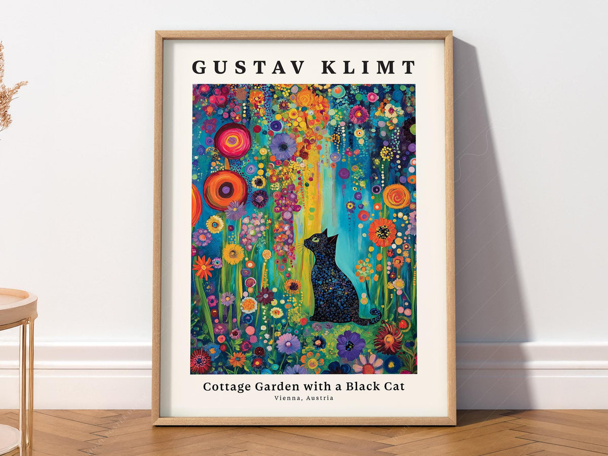 Gustav Klimt Cottage Garden with Black Cat Print – Colorful Wall Art