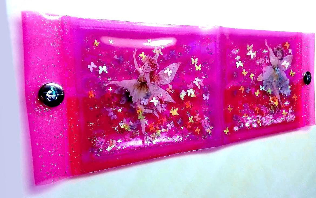 Liquid Glitter Jelly Elf Wallet. Multicolor Flower Elves Fairies & Neon Butterfly Shimmer in Holographic Hot Pink. Sensory + One-of-a-kind