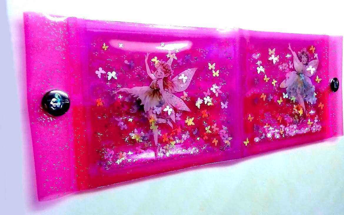 Liquid Glitter Jelly Elf Wallet. Multicolor Flower Elves Fairies & Neon Butterfly Shimmer in Holographic Hot Pink. Sensory + One-of-a-kind
