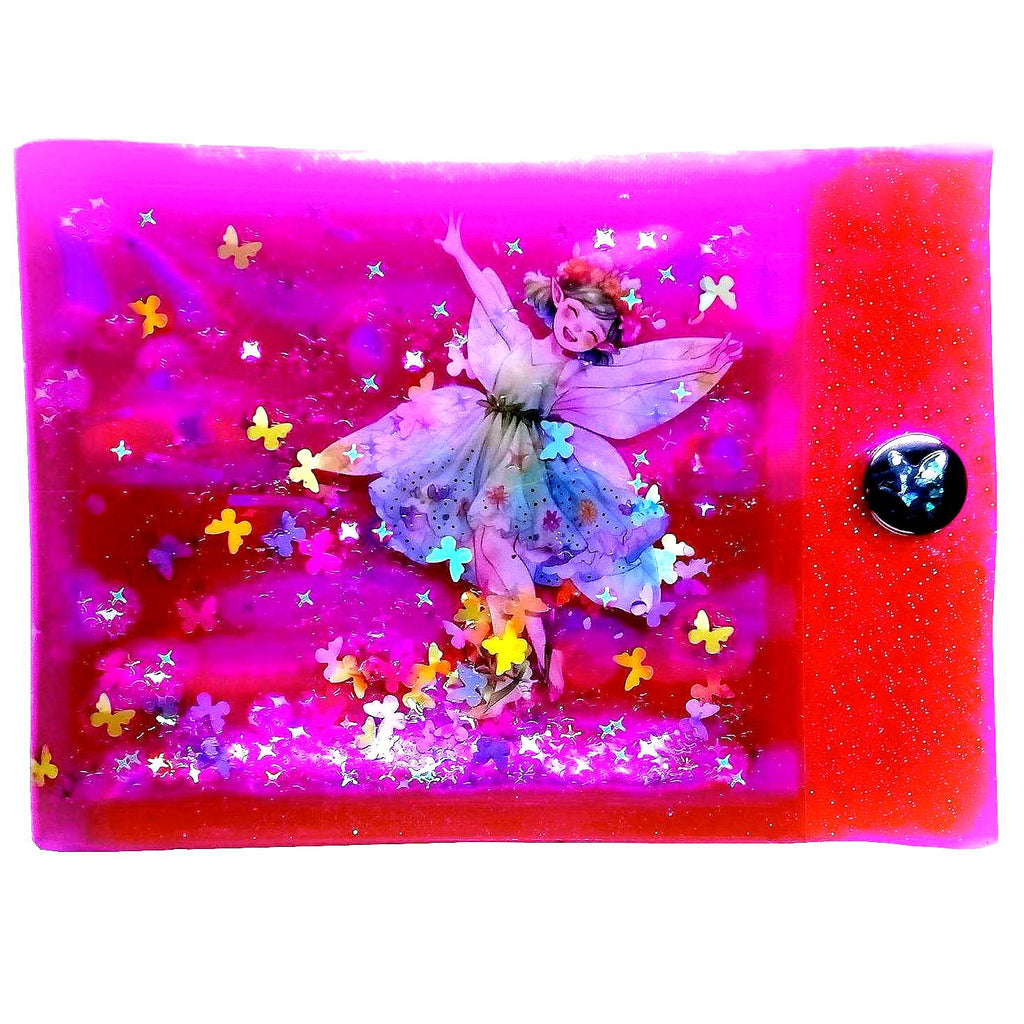 Liquid Glitter Jelly Elf Wallet. Multicolor Flower Elves Fairies & Neon Butterfly Shimmer in Holographic Hot Pink. Sensory + One-of-a-kind