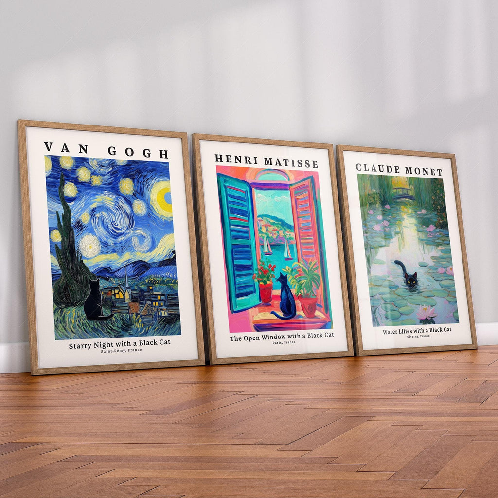 Black Cat Art Print Set – Van Gogh Matisse Monet Inspired Wall Art
