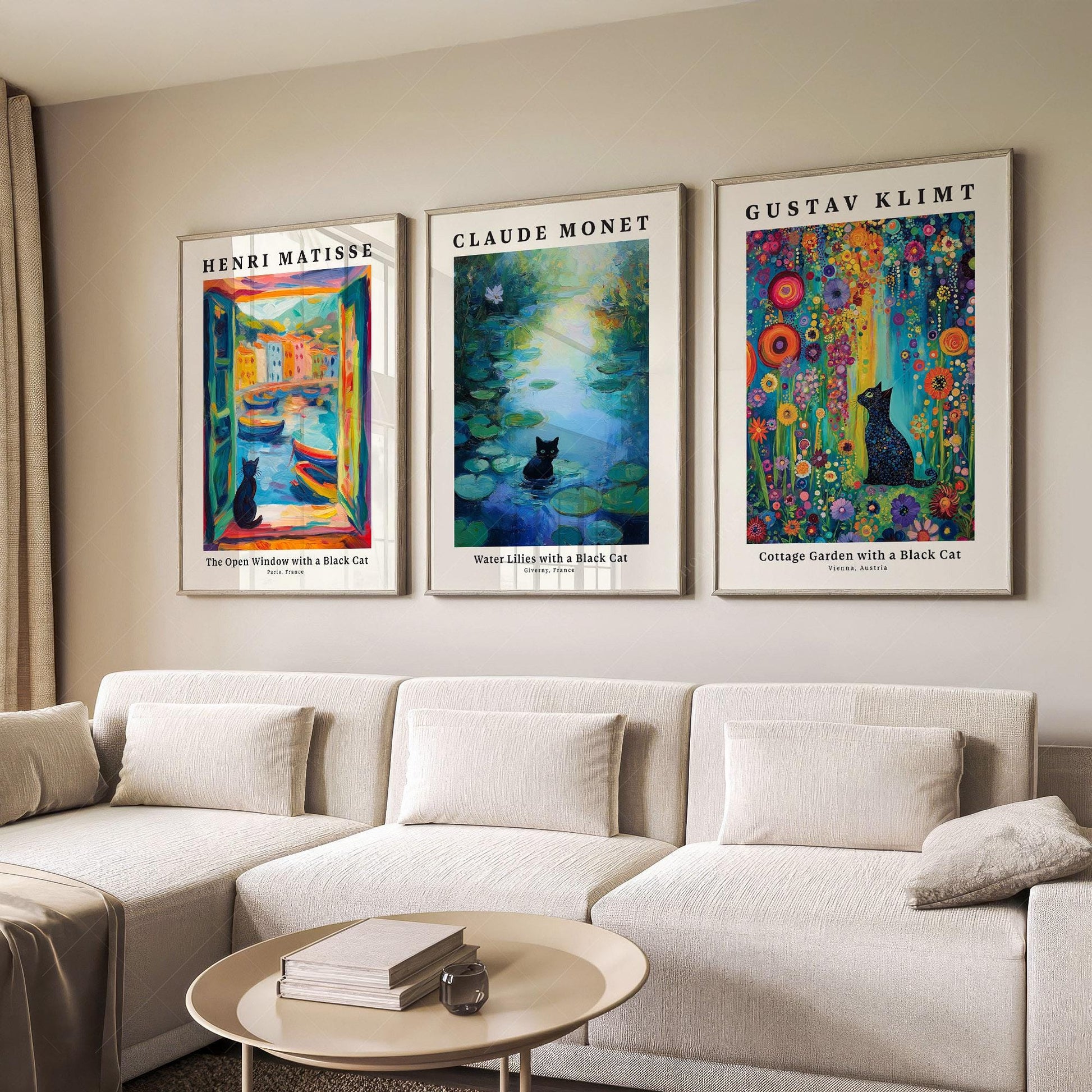 Black Cat Art Print Set of 3 – Matisse Monet Klimt Style Wall Art