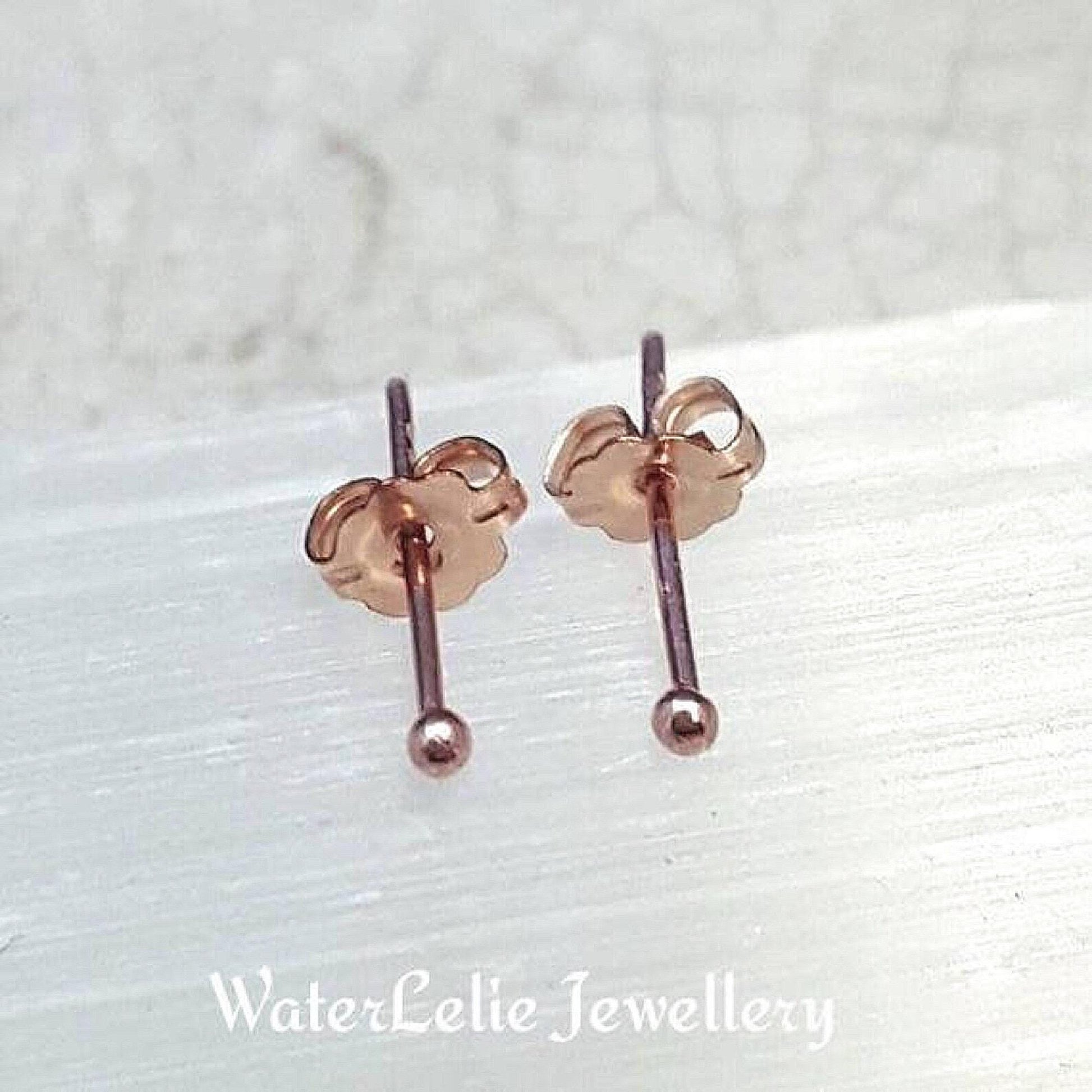 14K Solid Gold Tiny Ball Stud Earrings: 2mm Rose Gold, 21 Gauge