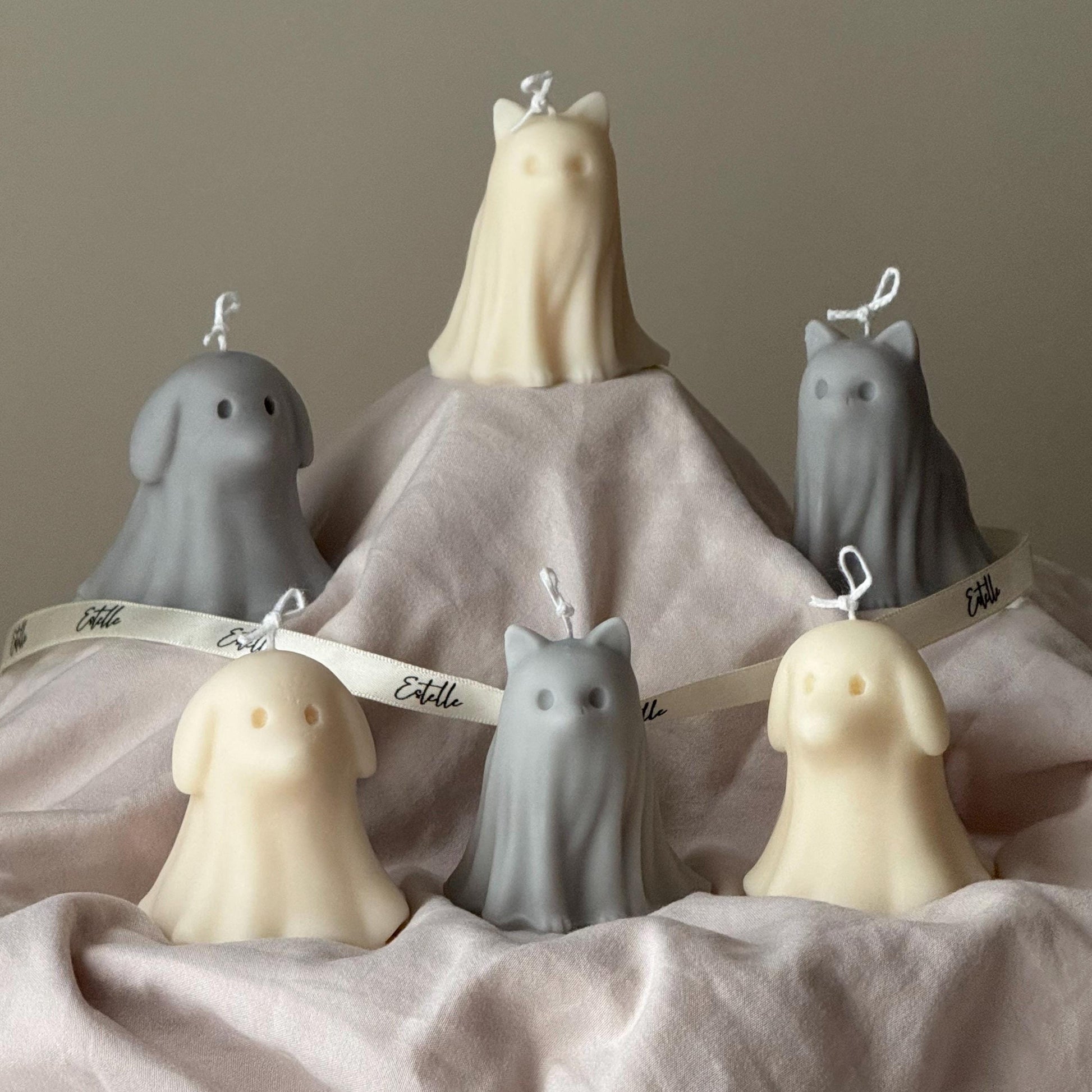 Halloween Cat & Dog Ghosts Candle Duo: Hand-Poured Soy Wax Sculptural Candles