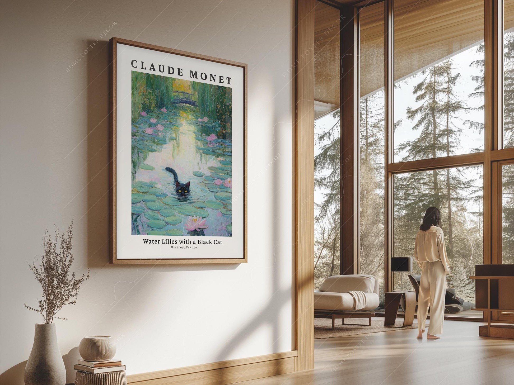 Claude Monet Water Lilies with Black Cat Print – Funny Cat Wall Art