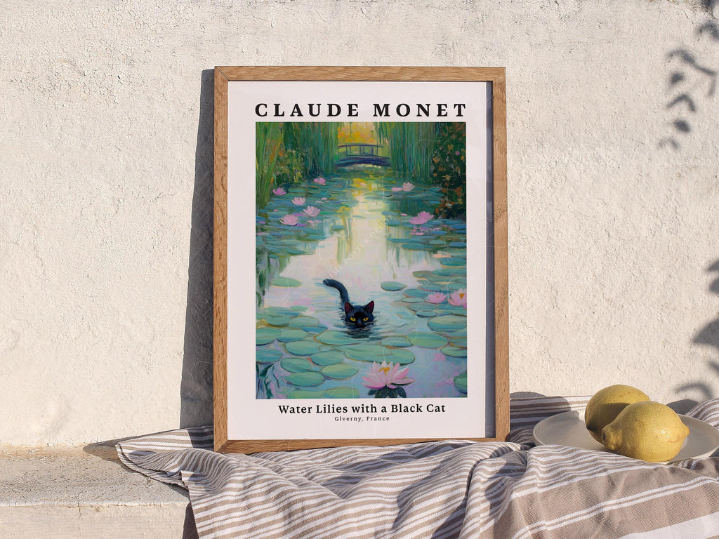 Claude Monet Water Lilies with Black Cat Print – Funny Cat Wall Art