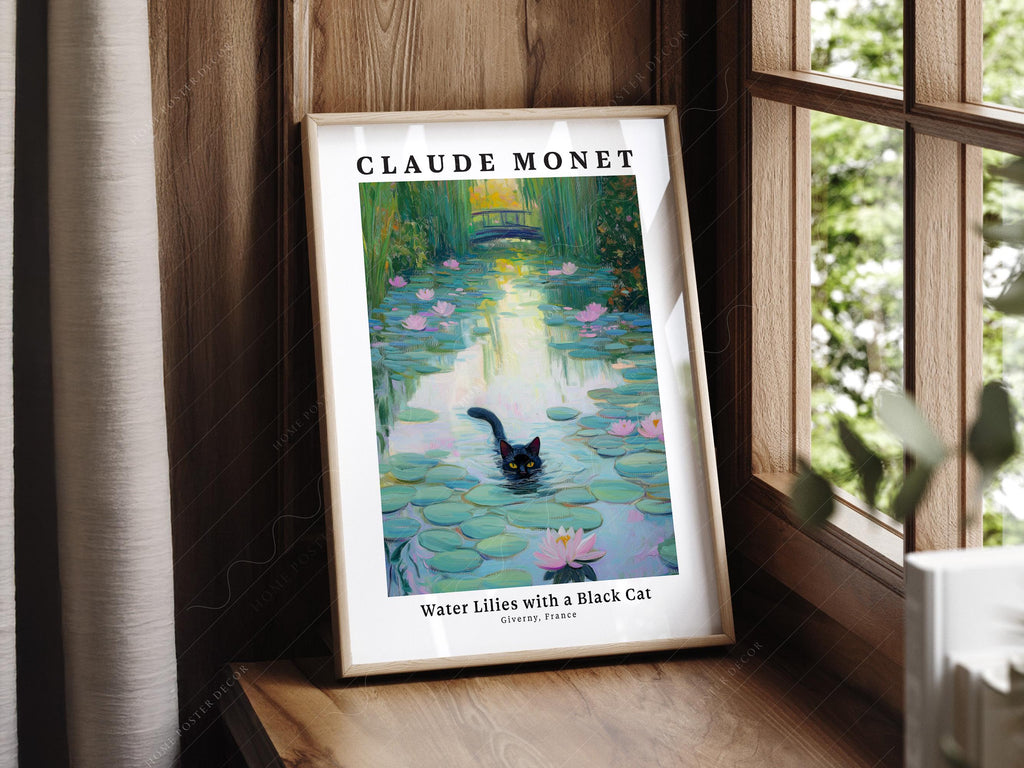 Claude Monet Water Lilies with Black Cat Print – Funny Cat Wall Art