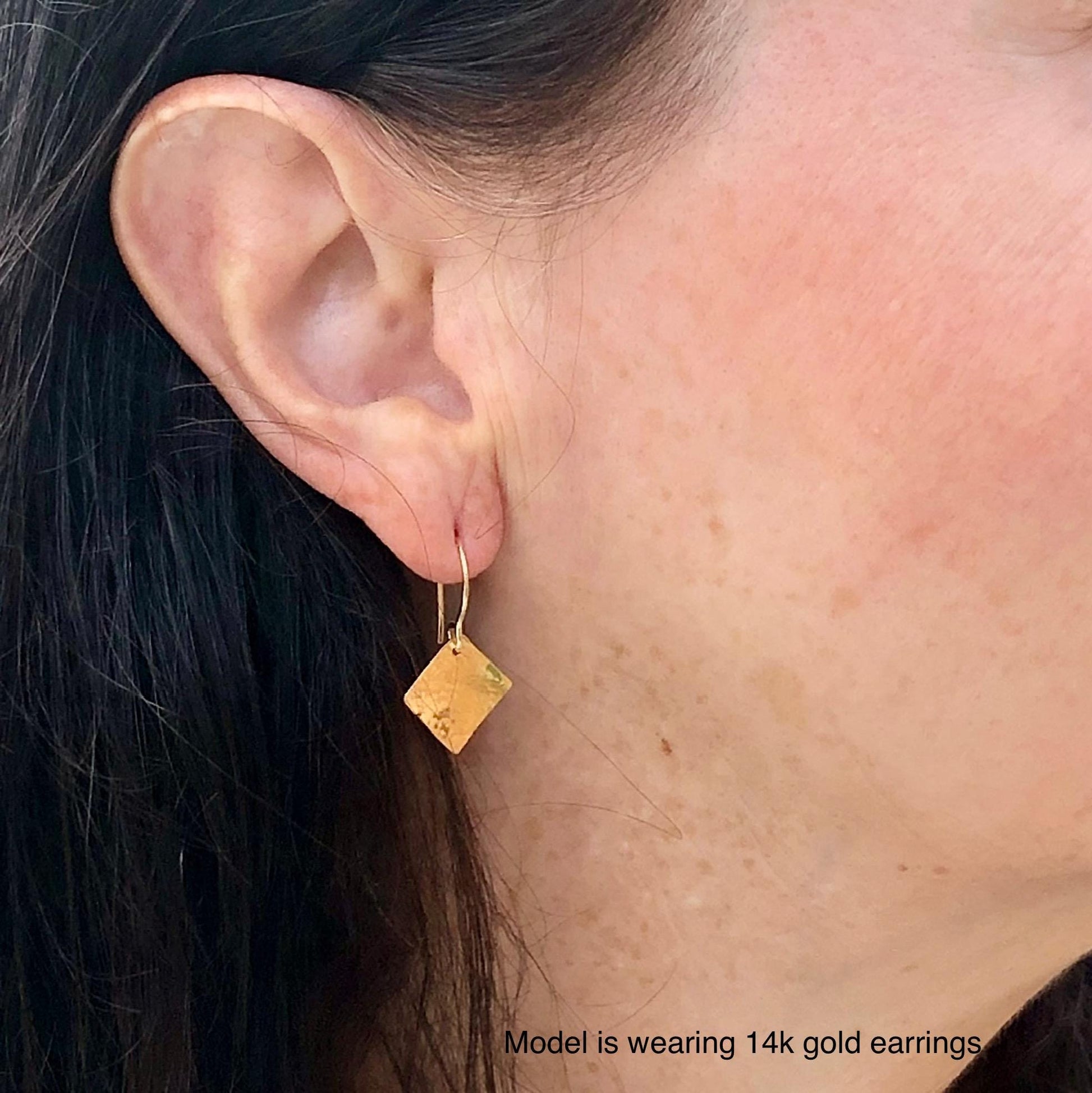 Hammered 14k Gold Square Dangle Earrings: Minimalist Tiny Gold Jewelry