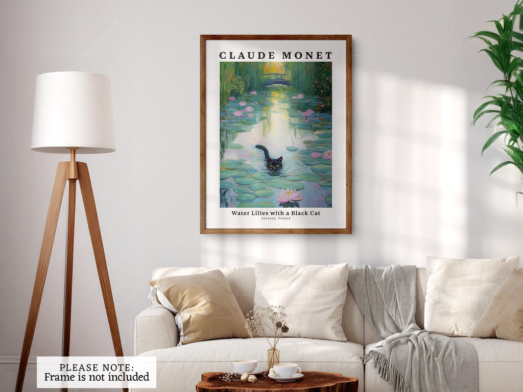 Claude Monet Water Lilies with Black Cat Print – Funny Cat Wall Art