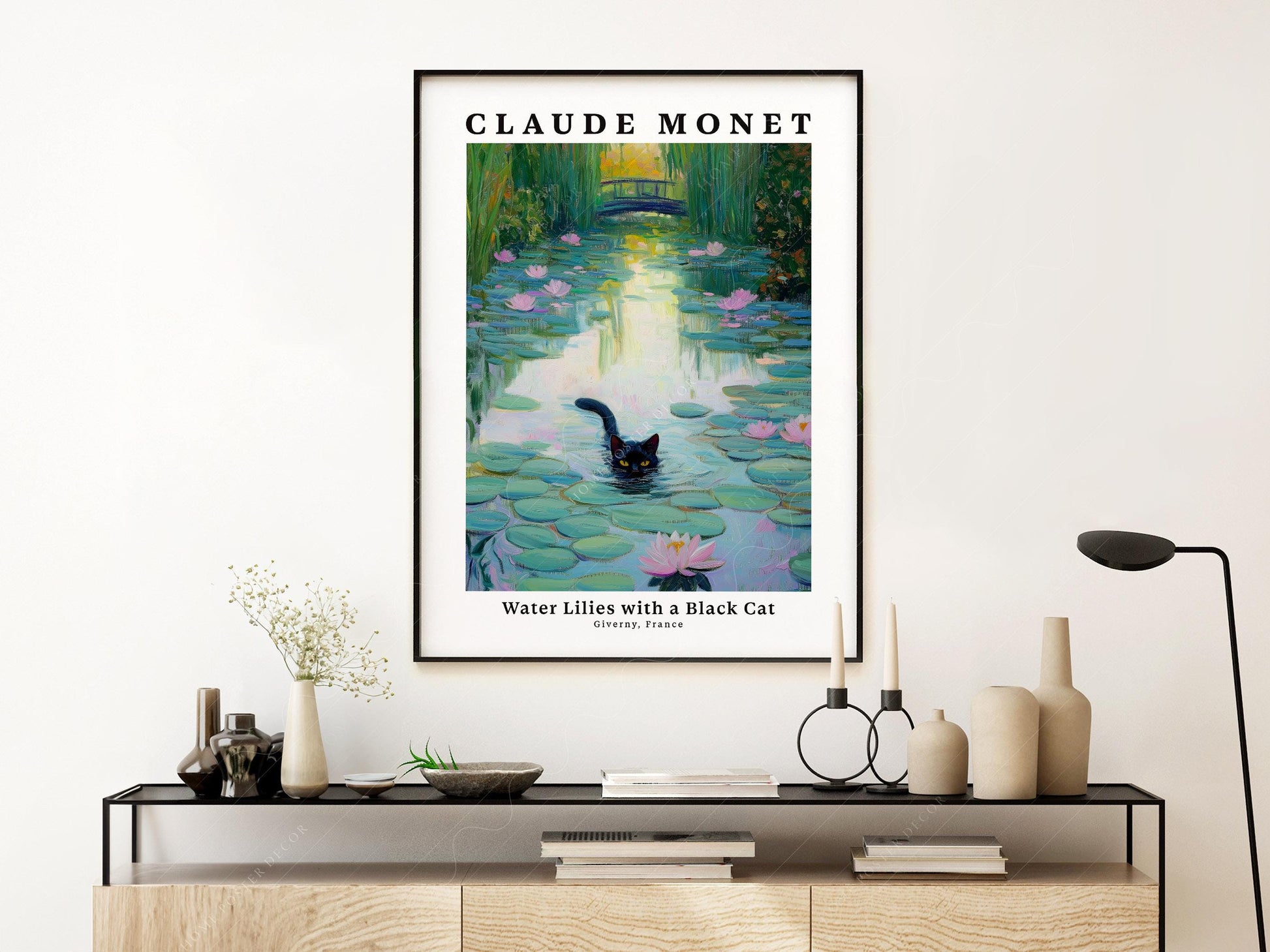 Claude Monet Water Lilies with Black Cat Print – Funny Cat Wall Art