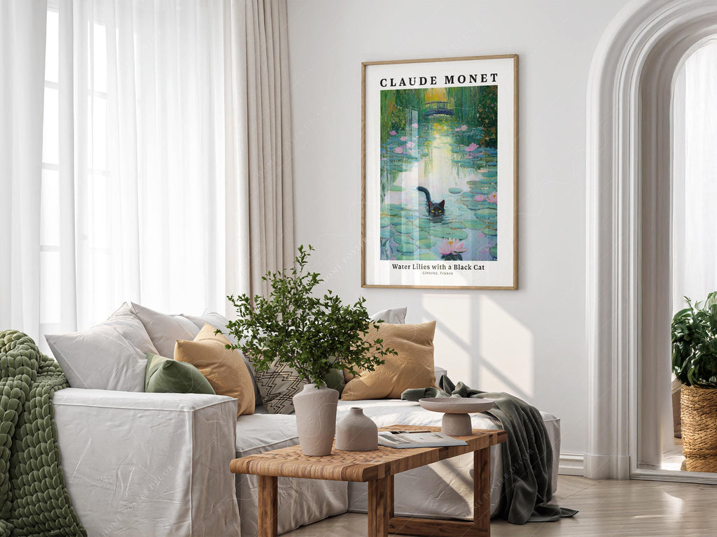 Claude Monet Water Lilies with Black Cat Print – Funny Cat Wall Art