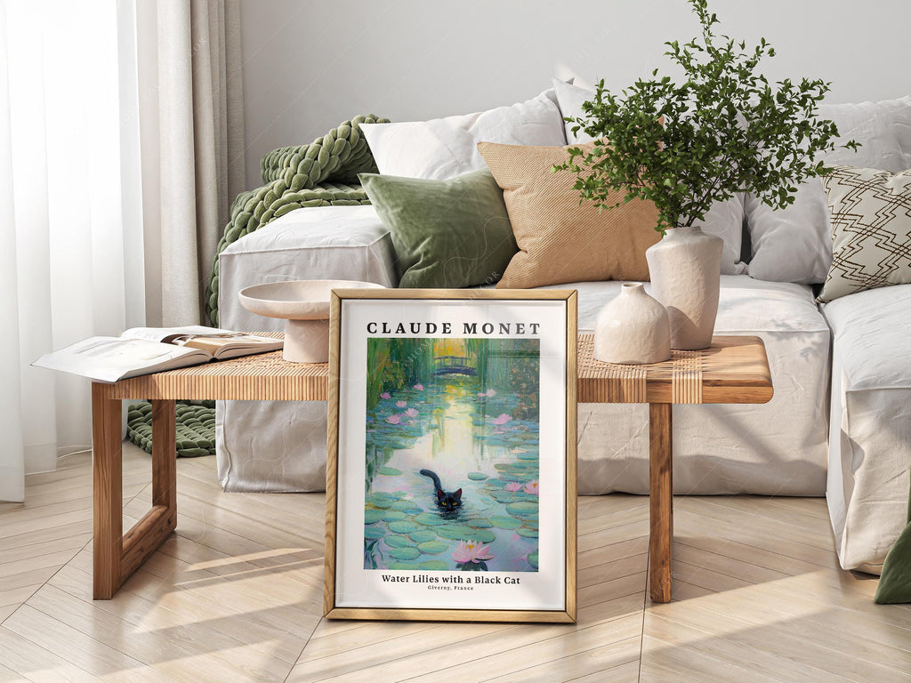 Claude Monet Water Lilies with Black Cat Print – Funny Cat Wall Art