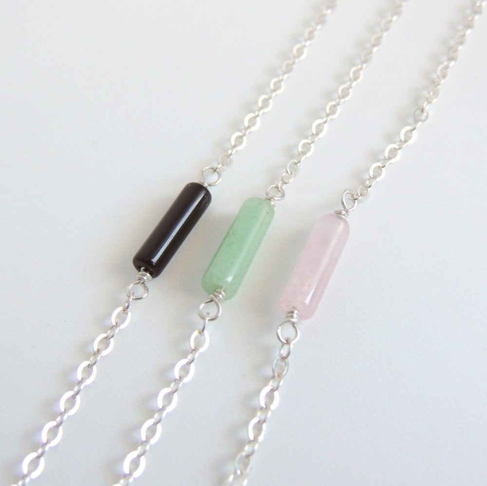 Sterling Silver Cable Chain Bracelet Rose Quartz, Green Aventurine or Black Onyx