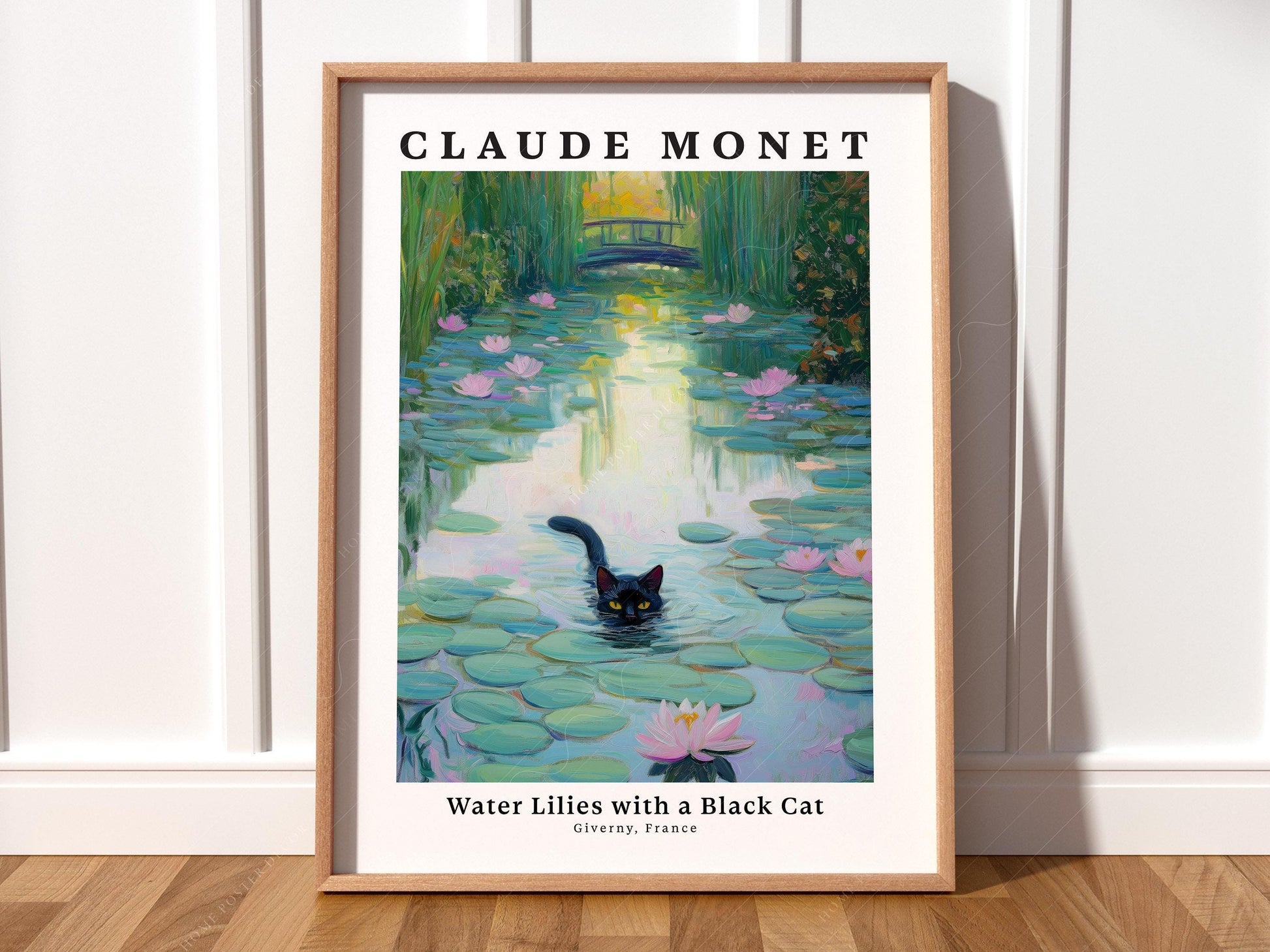 Claude Monet Water Lilies with Black Cat Print – Funny Cat Wall Art