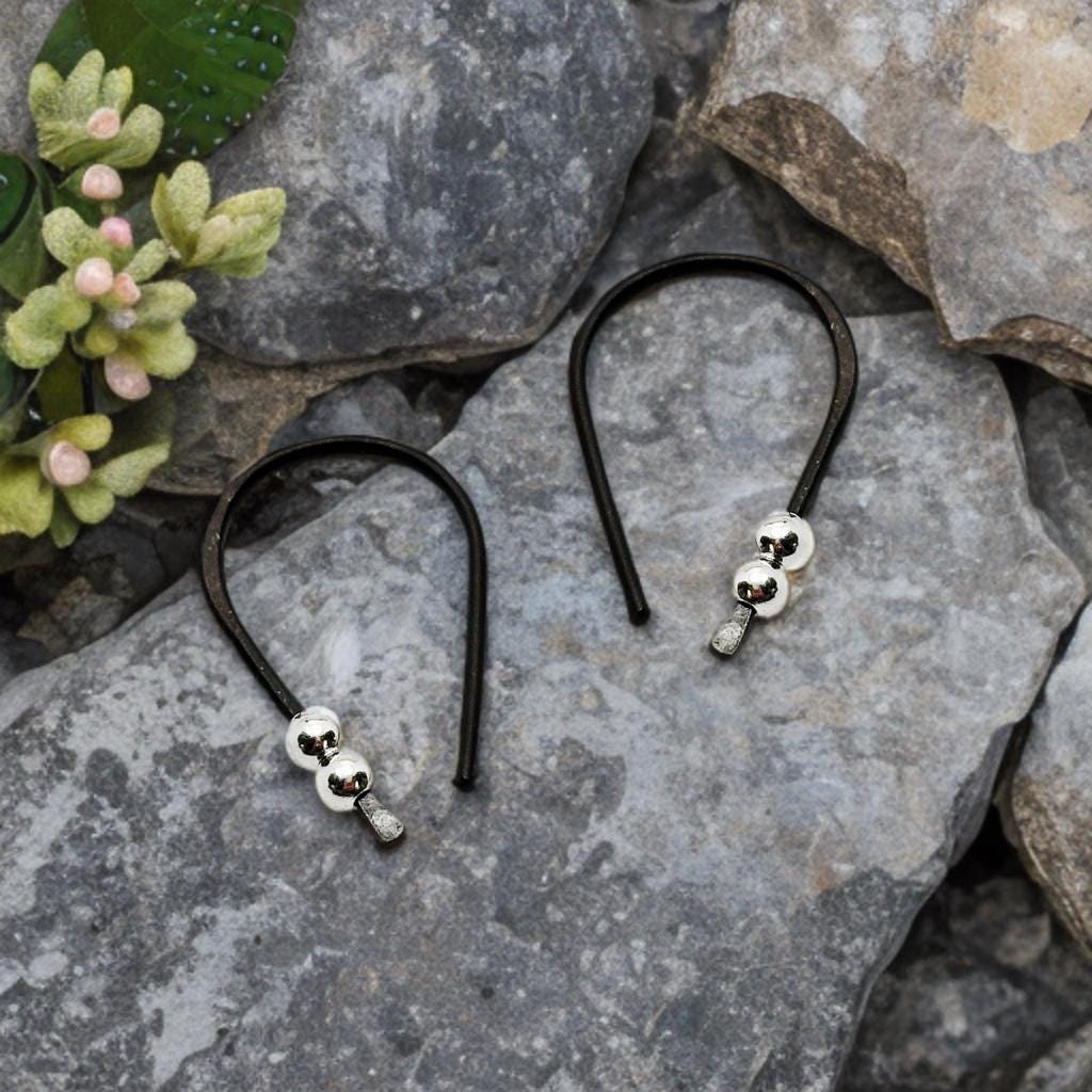 Black Niobium hoop earrings. Small 3/4" hoops. Silver accent beads. Hypoallergenic