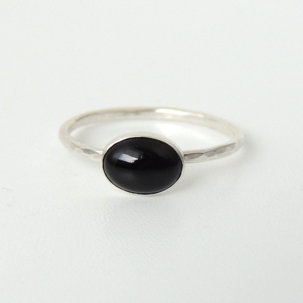 Oval Black Onyx Ring Sterling Silver Stacking Ring Jet Black Stone Ring