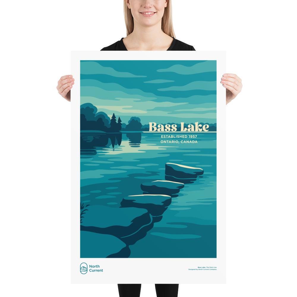 Bass Lake Retro Ontario Park Poster – Vintage-Style Travel Print, 1960s Midcentury Design | 12x16, 16x20, 18x24, 24x36 Wall Art