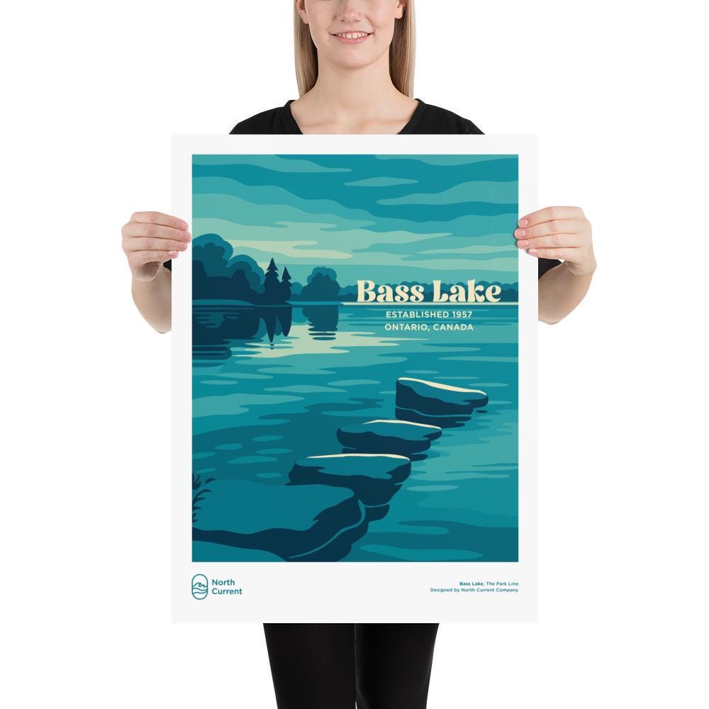 Bass Lake Retro Ontario Park Poster – Vintage-Style Travel Print, 1960s Midcentury Design | 12x16, 16x20, 18x24, 24x36 Wall Art