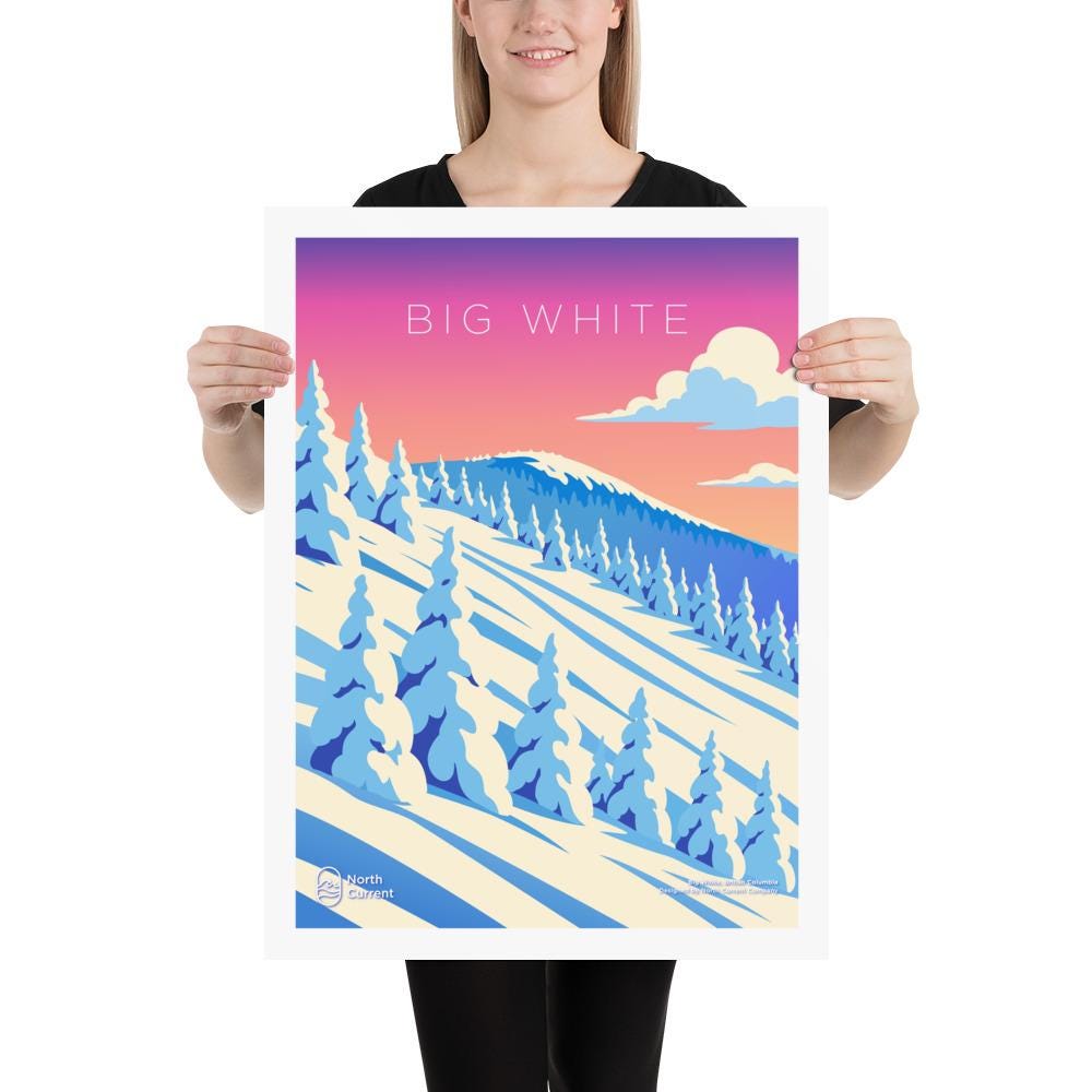 Big White 1990s Travel Poster – Bold Canadian West Print, Neon Retro Design | 12x16, 16x20, 18x24, 24x36 Wall Art