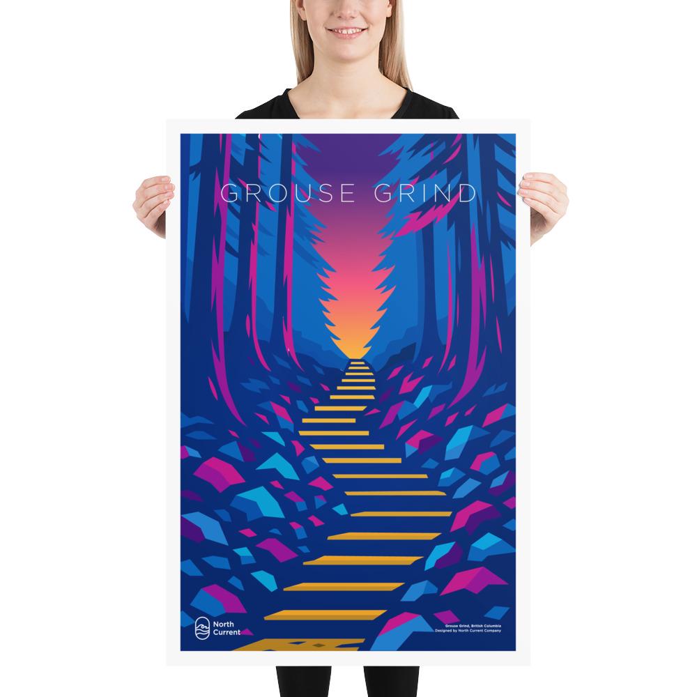 Grouse Grind 1990s Travel Poster – Bold Canadian West Print, Neon Retro Design | 12x16, 16x20, 18x24, 24x36 Wall Art
