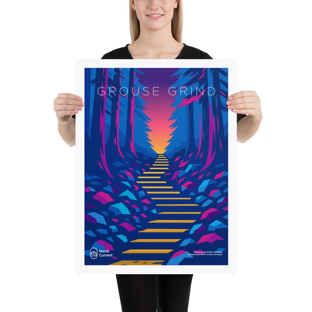 Grouse Grind 1990s Travel Poster – Bold Canadian West Print, Neon Retro Design | 12x16, 16x20, 18x24, 24x36 Wall Art