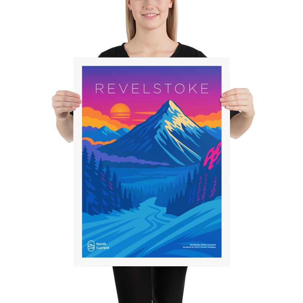 Revelstoke 1990s Travel Poster – Bold Canadian West Print, Neon Retro Design | 12x16, 16x20, 18x24, 24x36 Wall Art