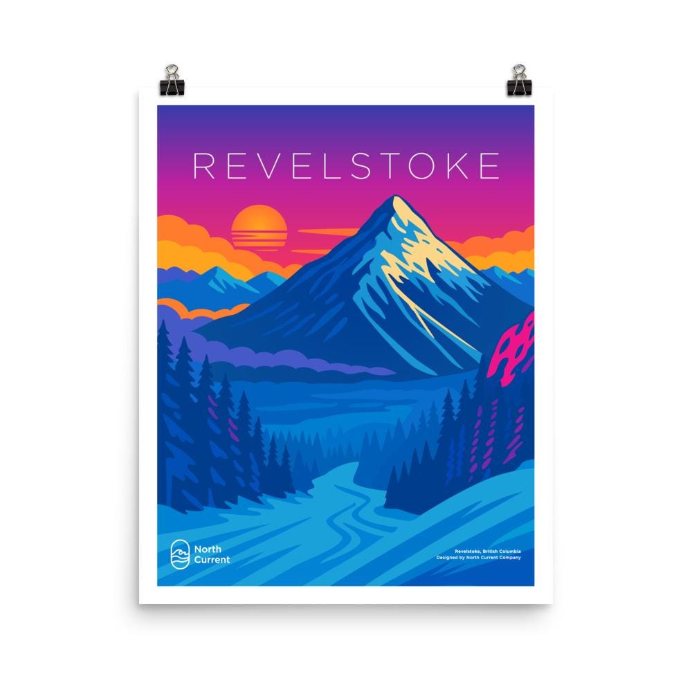 Revelstoke 1990s Travel Poster – Bold Canadian West Print, Neon Retro Design | 12x16, 16x20, 18x24, 24x36 Wall Art