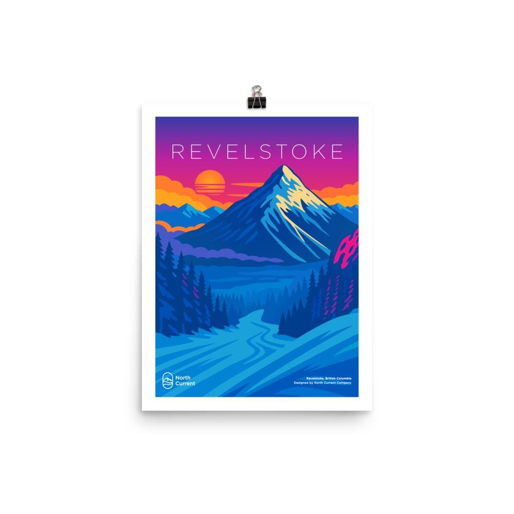 Revelstoke 1990s Travel Poster – Bold Canadian West Print, Neon Retro Design | 12x16, 16x20, 18x24, 24x36 Wall Art