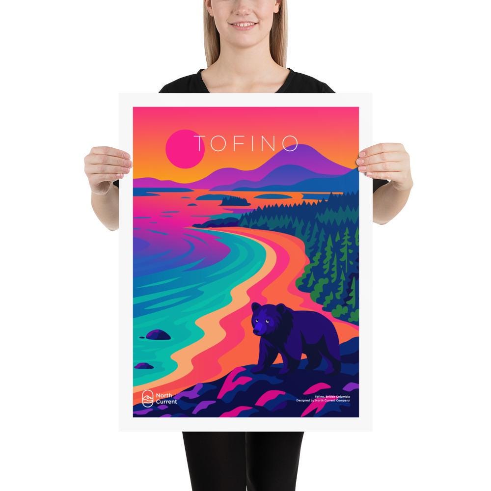 Tofino 1990s Travel Poster – Bold Canadian West Print, Neon Retro Design | 12x16, 16x20, 18x24, 24x36 Wall Art