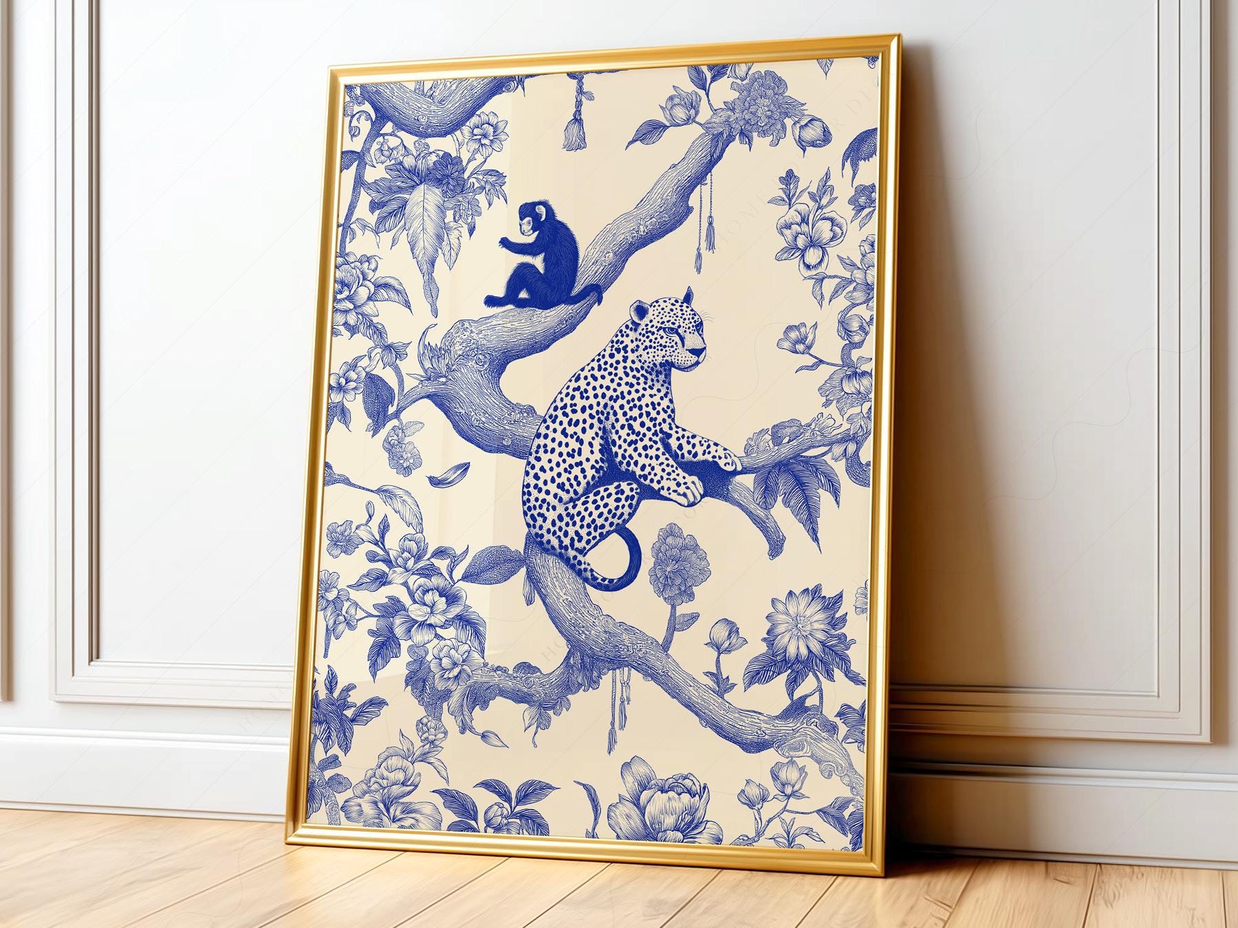 Chinoiserie Leopard & Monkey Art Print – Blue White Botanical Wall Decor