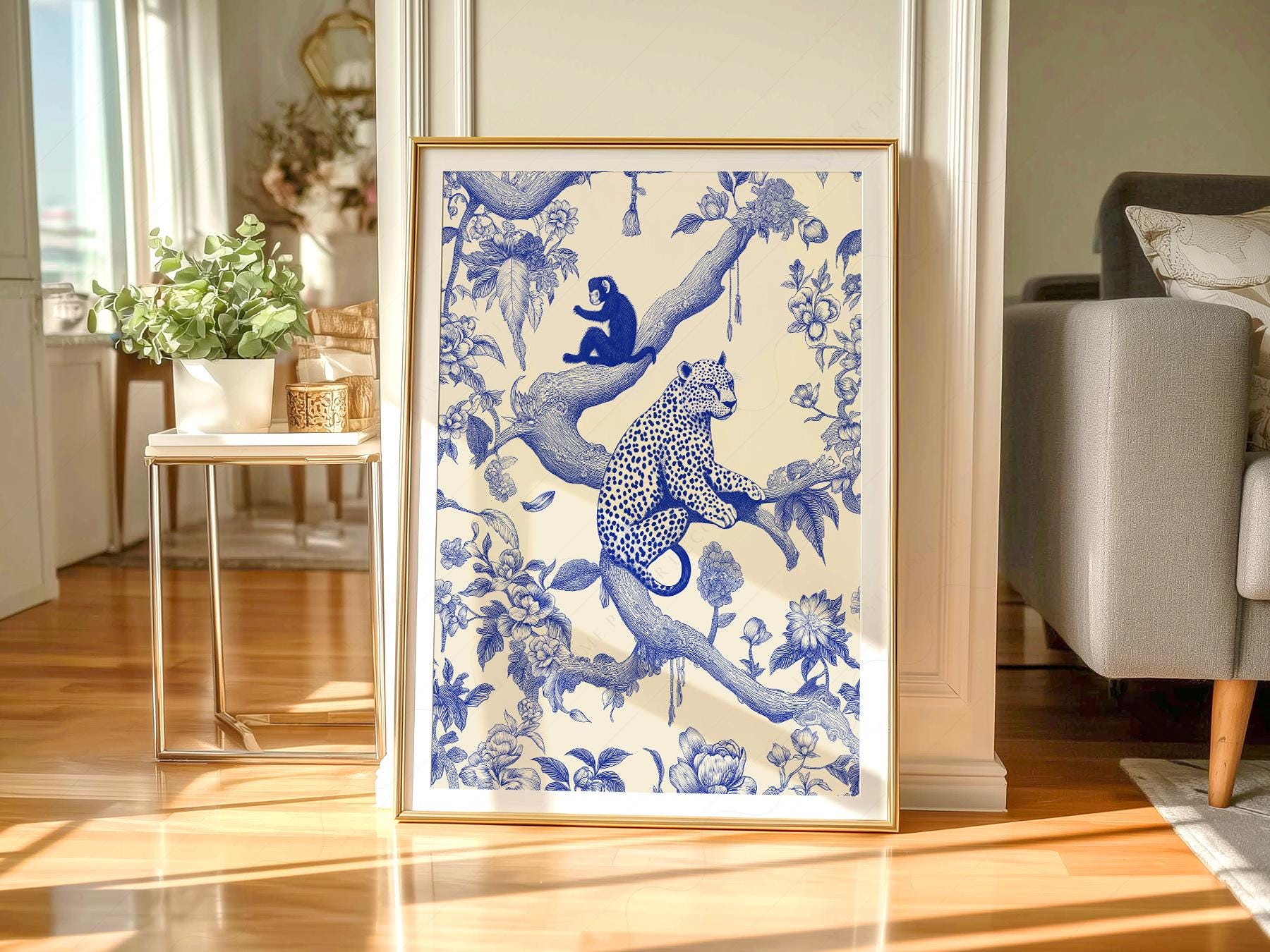 Chinoiserie Leopard & Monkey Art Print – Blue White Botanical Wall Decor