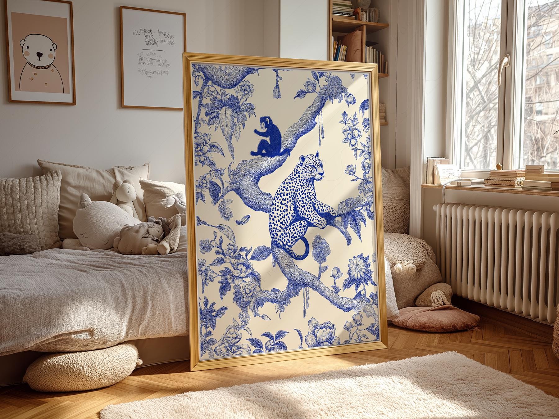 Chinoiserie Leopard & Monkey Art Print – Blue White Botanical Wall Decor