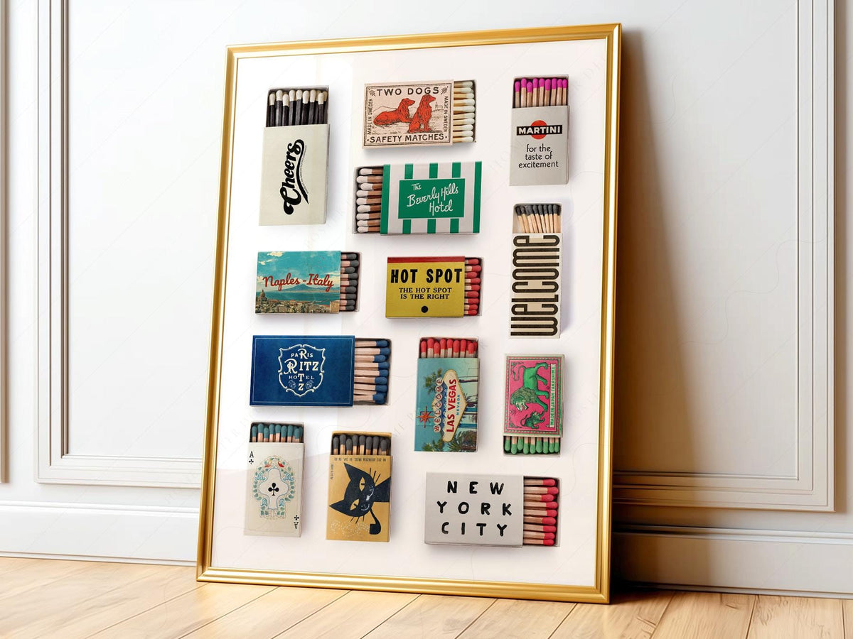 Vintage Matchbox Collection Print – Retro Travel Wall Art Poster