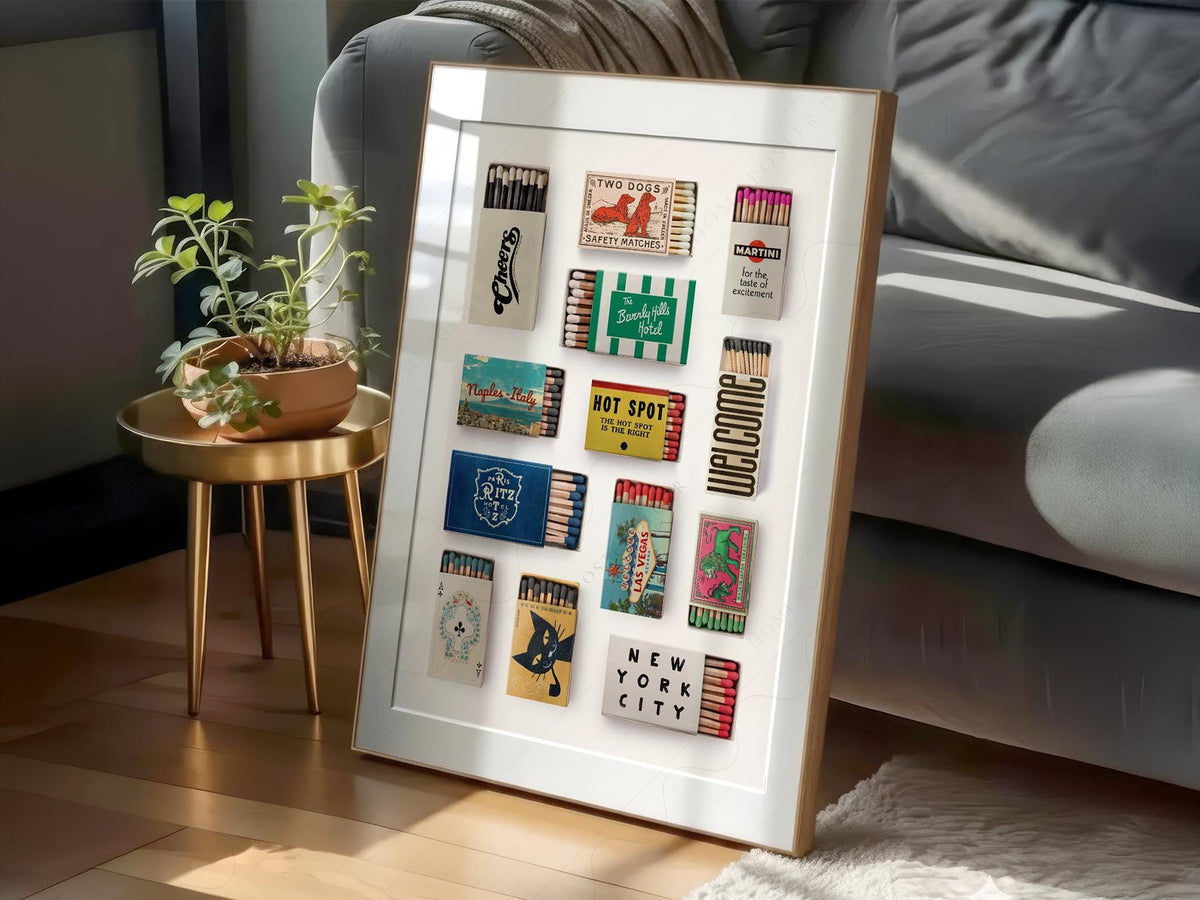 Vintage Matchbox Collection Print – Retro Travel Wall Art Poster