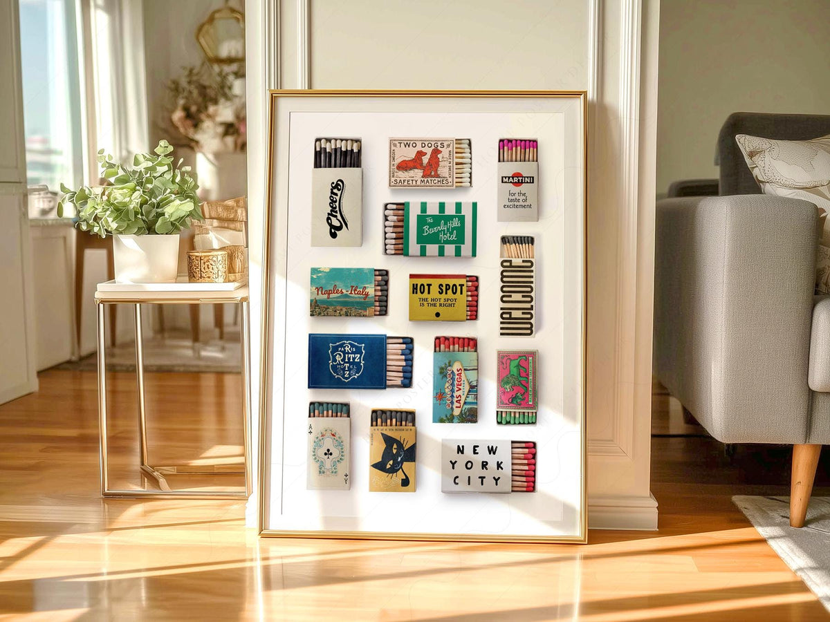 Vintage Matchbox Collection Print – Retro Travel Wall Art Poster