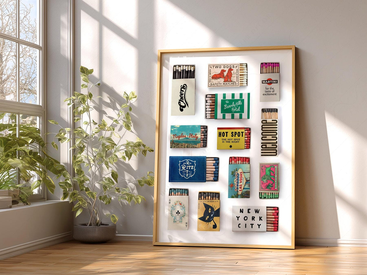 Vintage Matchbox Collection Print – Retro Travel Wall Art Poster