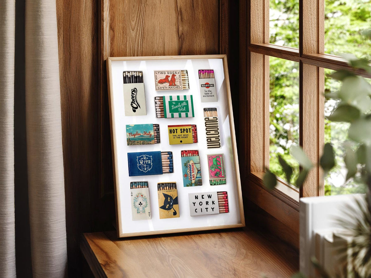 Vintage Matchbox Collection Print – Retro Travel Wall Art Poster