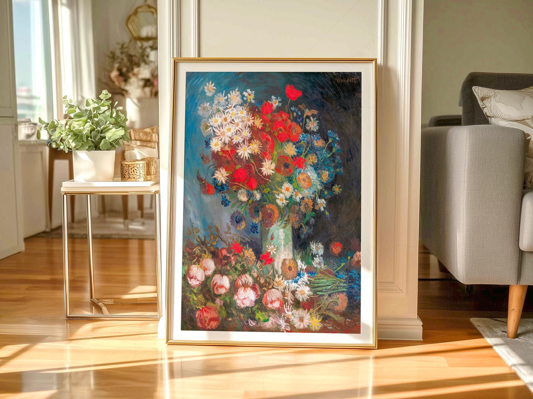 Van Gogh Vase with Poppies and Daisies Art Print – Famous Painting Poster