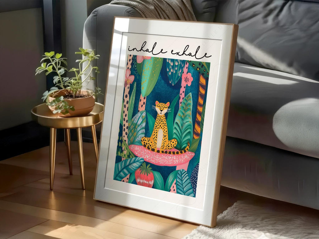 Inhale Exhale Cheetah Art Print – Maximalist Jungle Zen Wall Decor