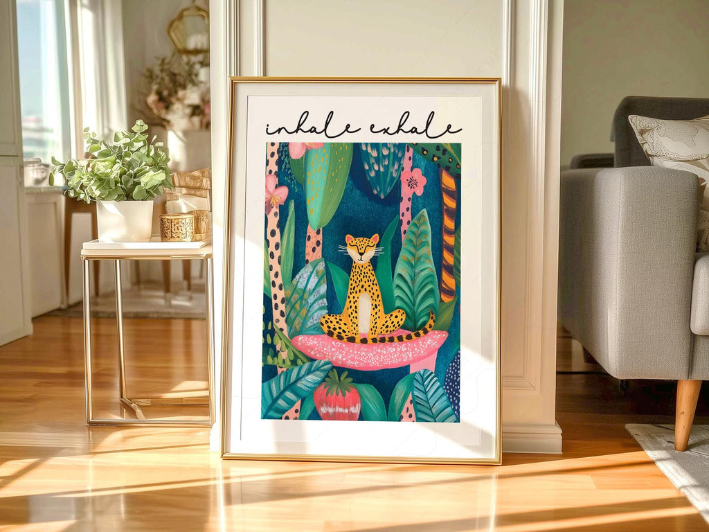 Inhale Exhale Cheetah Art Print – Maximalist Jungle Zen Wall Decor