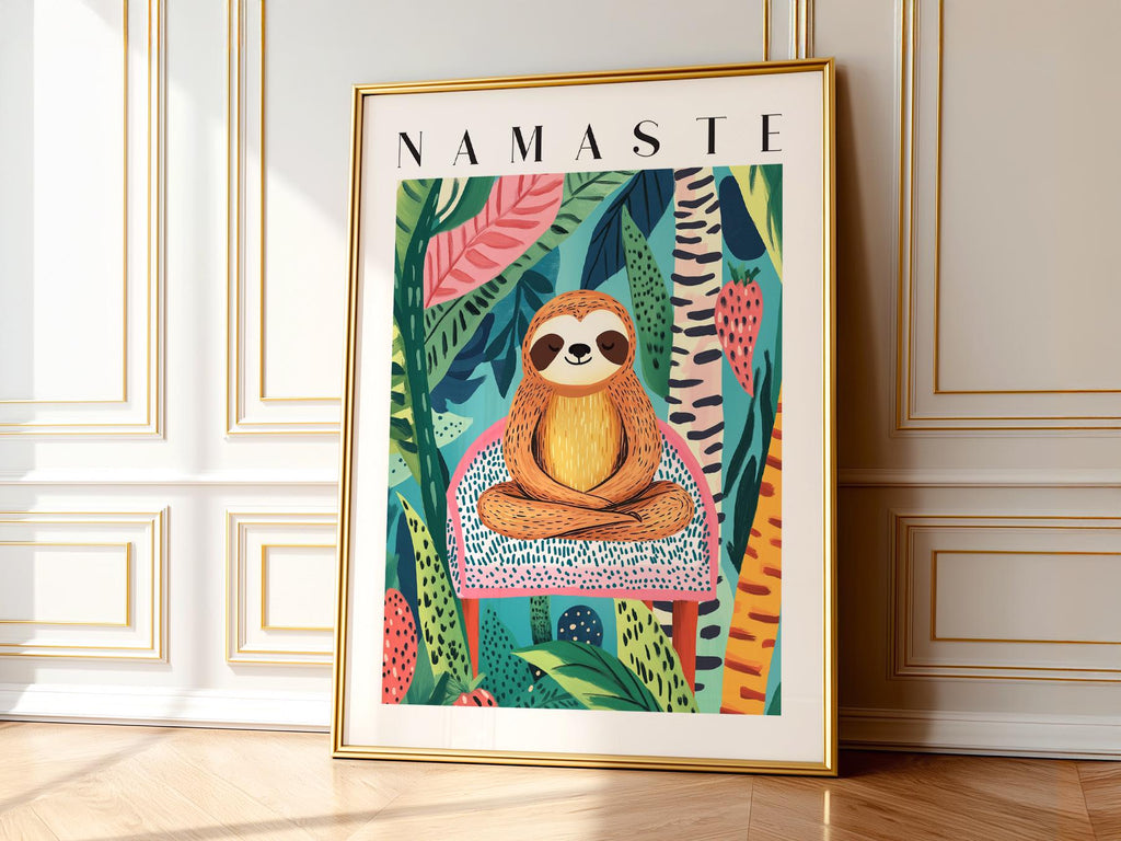 Namaste Sloth Art Print – Tropical Jungle Wall Art Dopamine Decor
