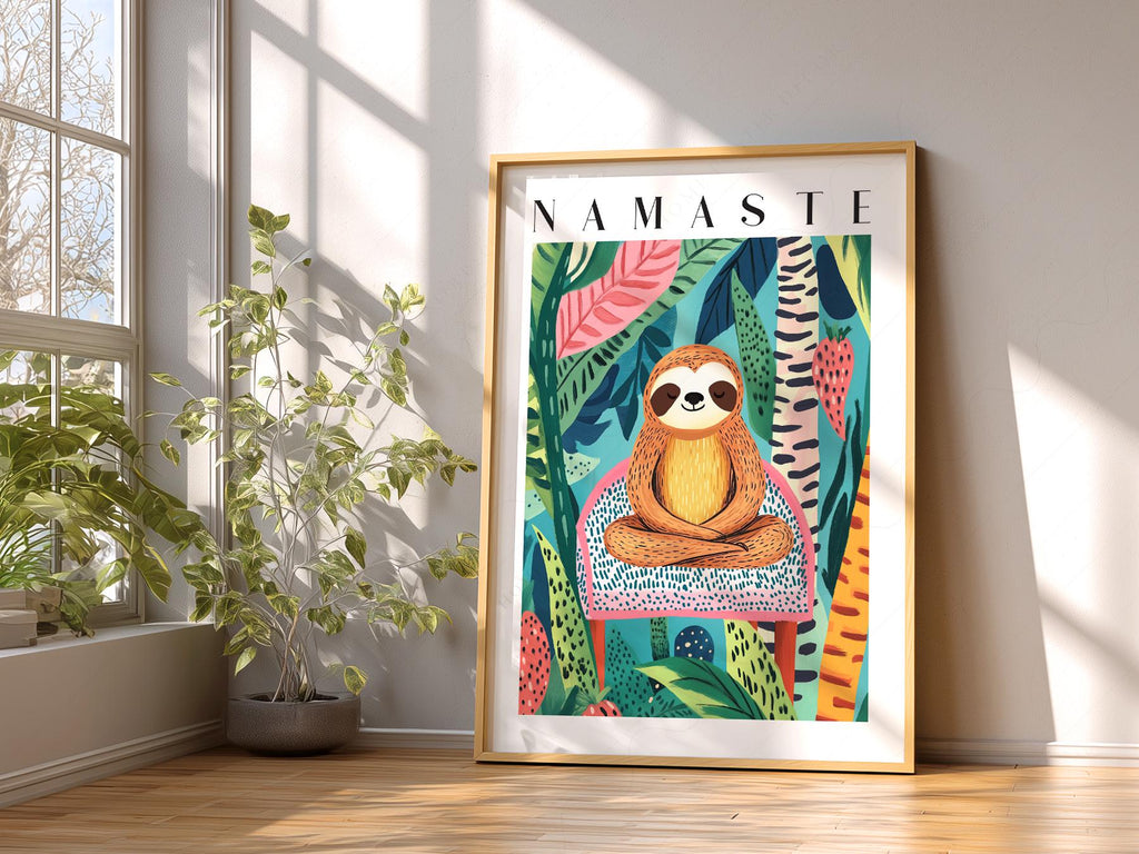 Namaste Sloth Art Print – Tropical Jungle Wall Art Dopamine Decor